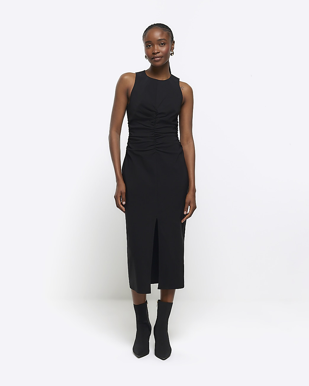 Black ruched split bodycon midi dress | River Island (UK & IE)