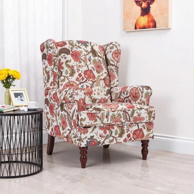 Modern Floral Accent Chair with Retro Wood Legs - Plush Upholstered Wingback Armchair for Living Room, Bedroom, or Office - Red Linen | Wayfair North America