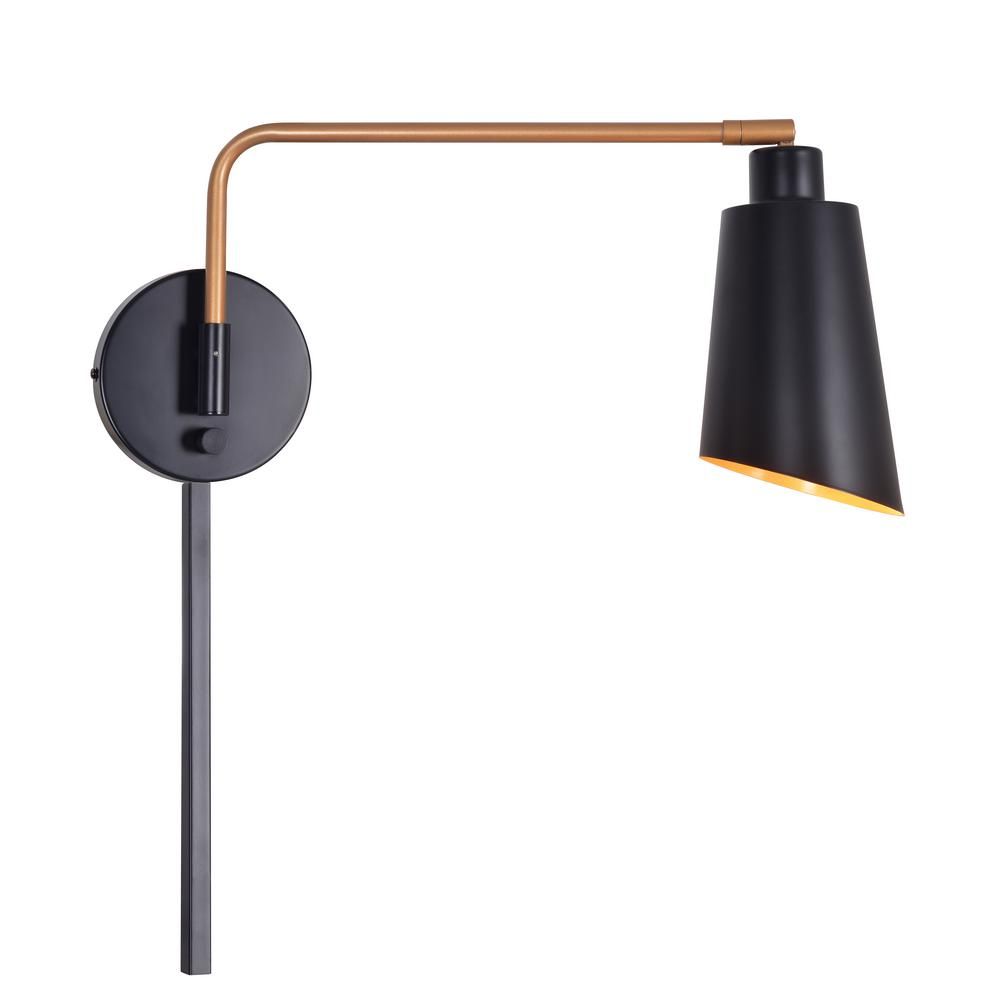 Kenroy Home Alvar 1-Light Black and Gold Swing Arm Wall Light with Plug | The Home Depot