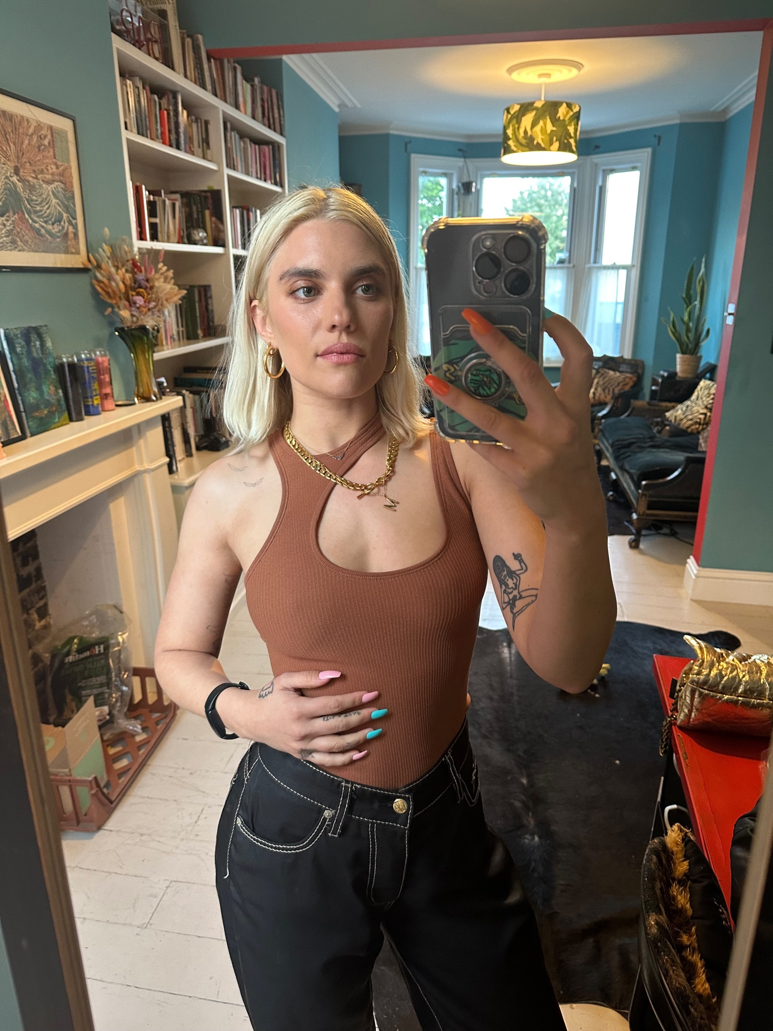 Brown bodysuit, contrast stick jeans, summer outfit ideas, outfit inspo, ribbed vest, cut out vest, one shoulder top, baggy jeans, gold chunky chain, low rise jeans, revolve, H&M, eytys, missoma
