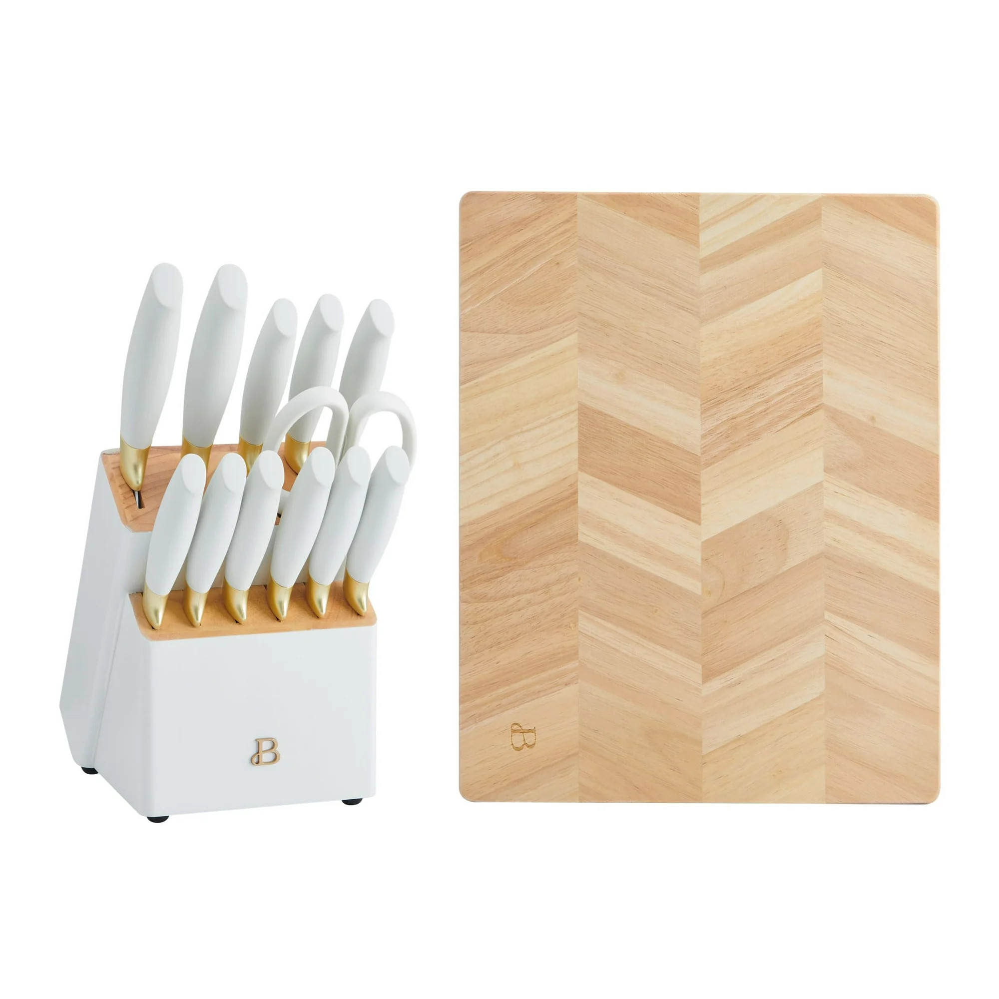 Beautiful 14-Piece White & Gold Knife Block Set with 11x14 Herringbone Wood Cutting Board by Drew... | Walmart (US)