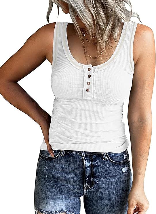 GEMBERA Women's Ribbed Fitted Knit Scoop Neck Tank Tops Cotton Basic Sleeveless Shirts Henley But... | Amazon (US)