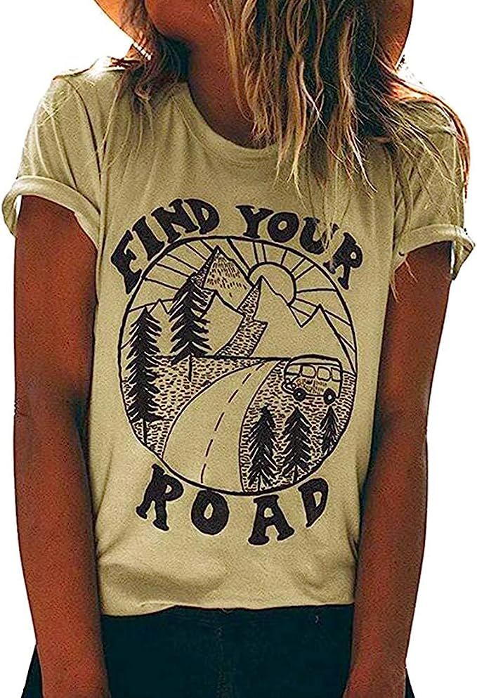 LANMERTREE Find Your Road O Neck T-Shirt Women Funny Letter Print Short Sleeve Blouse Tee | Amazon (US)