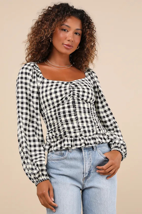 Cutest Beauty Black and White Gingham Ruched Balloon Sleeve Top | Lulus