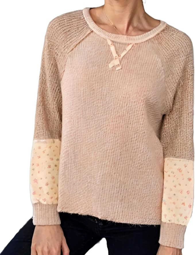 Women’s Raglan Sleeve Color Block Textured Knit Top – Long Sleeve Pullover with Floral Printe... | Amazon (US)