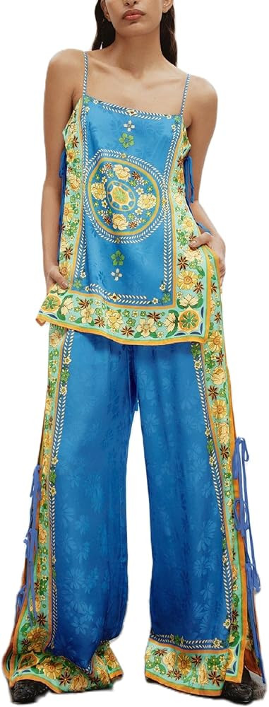 Women 2 Piece Tube Top Pants Set Satin Strapless Crop Top Wide Leg Pants Outfits Y2K Summer Suit | Amazon (US)