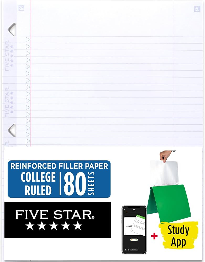 Five Star Loose Leaf Paper + Study App, College Ruled Filler Notebook Paper, Reinforced, Fights I... | Amazon (US)
