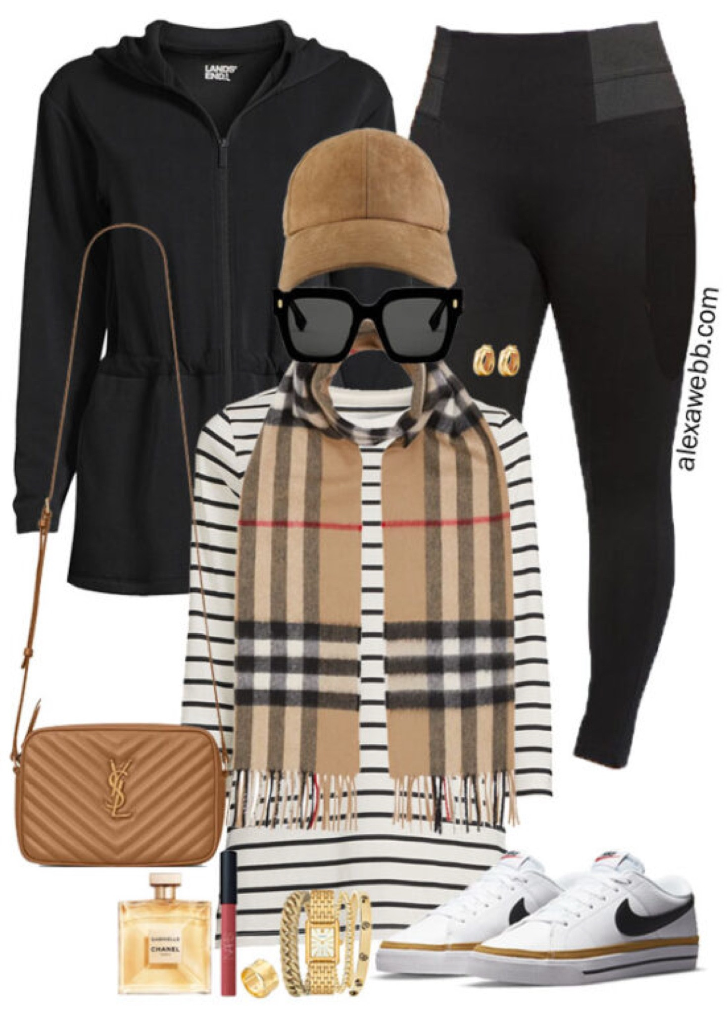 Plus Size Black Leggings Outfits - A plus size casual outfit for fall and winter with my favorite ponte knit leggings, a striped tunic tee, Burberry check scarf, suede baseball cap, YSL crossbody bag, and Nike sneakers. Alexa Webb

#LTKSeasonal #LTKStyleTip #LTKPlusSize