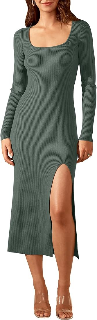 ANRABESS Women's 2023 Fall Long Sleeve Sweater Dress Square Neck Side Slit Bodycon Ribbed Knit Sl... | Amazon (US)
