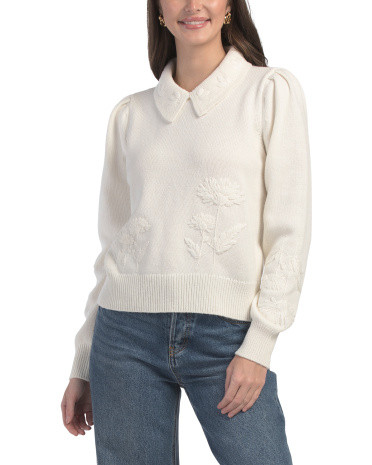 Polo Collar Long Sleeve Sweater With Embroidered Flowers | TJ Maxx