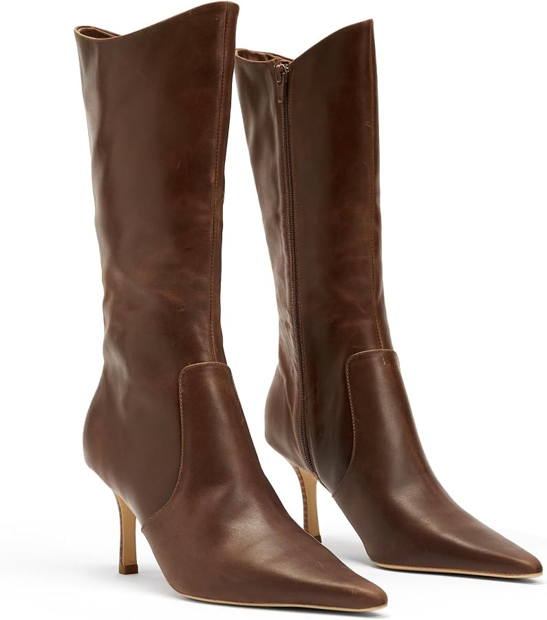 Coutgo Womens Mid Calf Boots Pointed Toe High Heel Long Boots Side Zipper Winter Dress Shoes | Amazon (US)