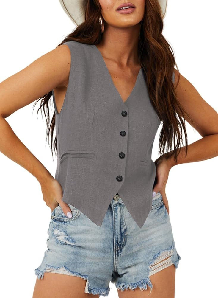 Dokotoo Womens Vest Dressy Casual V-Neck Button-Down Lined Suit Jacket Waistcoat Versatile Vests | Amazon (US)