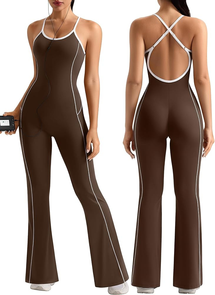 Relety Womens Flare Workout Jumpsuits Scoop Neck Cross Straps Backless Romper Contrast Trims Padd... | Amazon (US)