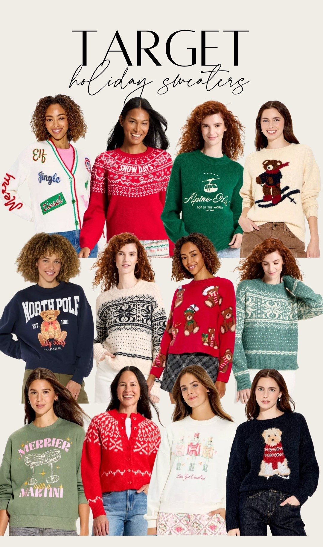 Target holiday sweaters!! So cute for holiday party’s, white elephant outfits and festive secret Santa outfits. Most are under $35!

#LTKFindsUnder50 #LTKHoliday