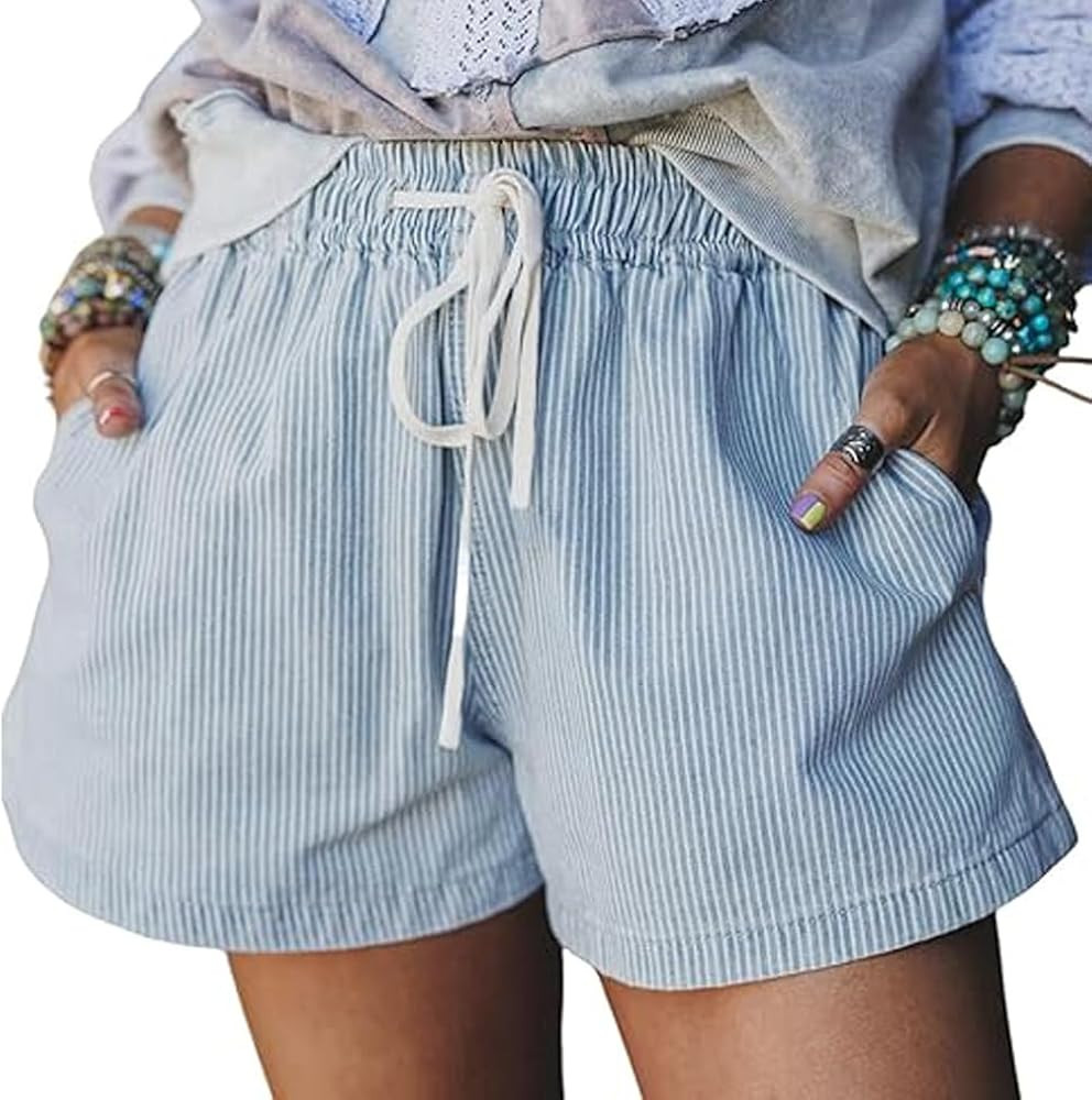 SELINK Women Casual Stripe Drawstring Denim Shorts with Pockets High Elastic Waist Straight Wide ... | Amazon (US)