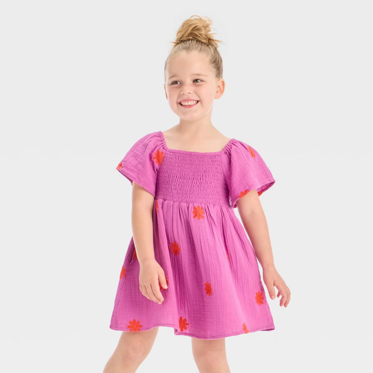 Toddler Girls' Floral Embroidered Short Sleeve Dress - Cat & Jack™ Bright Purple/Red | Target