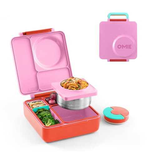 OmieBox Bento Box for Kids - Insulated Bento Lunch Box with Leak Proof Vacuum Insulated Food Jar - 3 Compartments, Two Temperature Zones (Pink Berry) | Amazon (US)