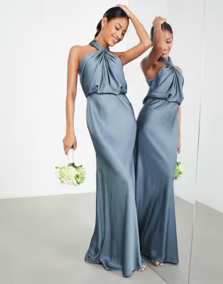 ASOS DESIGN Bridesmaid satin ruched halter neck maxi dress in dusky blue | ASOS (Global)