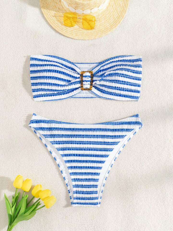 SHEIN VCAY Women's Striped Bandeau Sexy Bikini Set, Random Print, Perfect For Vacation | SHEIN