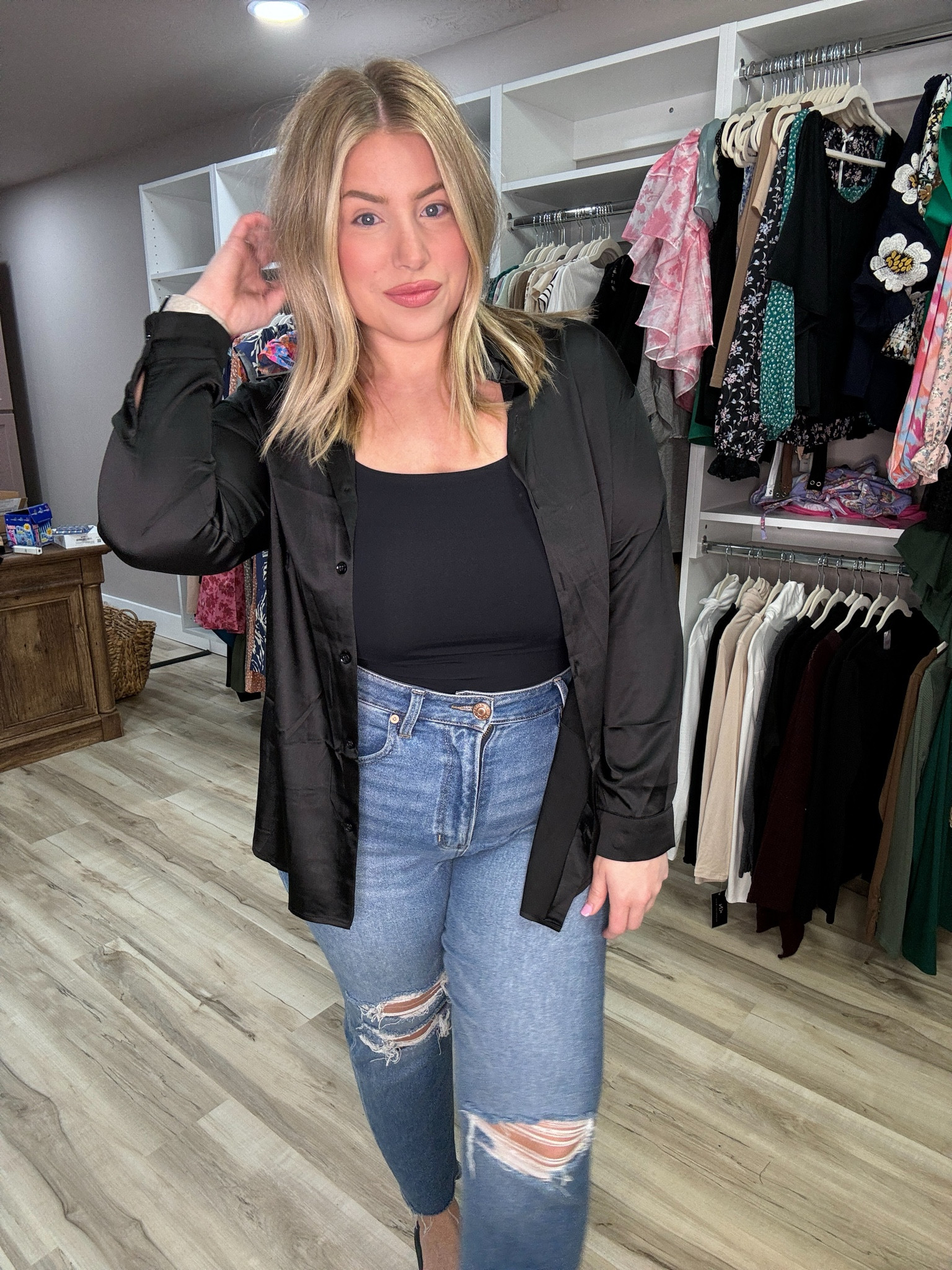 Amazon button up loose and silky. Wearing a large! 

#LTKmidsize #LTKstyletip