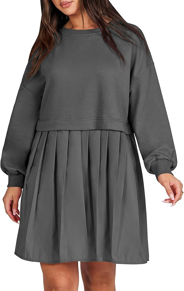 ANRABESS Women Oversized Sweatshirts Hoodie Dress Long Sleeve Crewneck Casual Baggy Patchwork Ple... | Amazon (US)