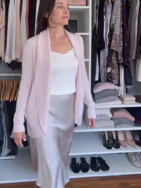 Spring is perfect for layering. I love this easy cashmere cardigan. It comes in many colors and is under $100. My silk cami is under $40 and comes in many colors. My silk skirt Asi comes in many colors and is under $60. Everything runs TTS. 

#LTKover40 #LTKVideo #LTKfindsunder100