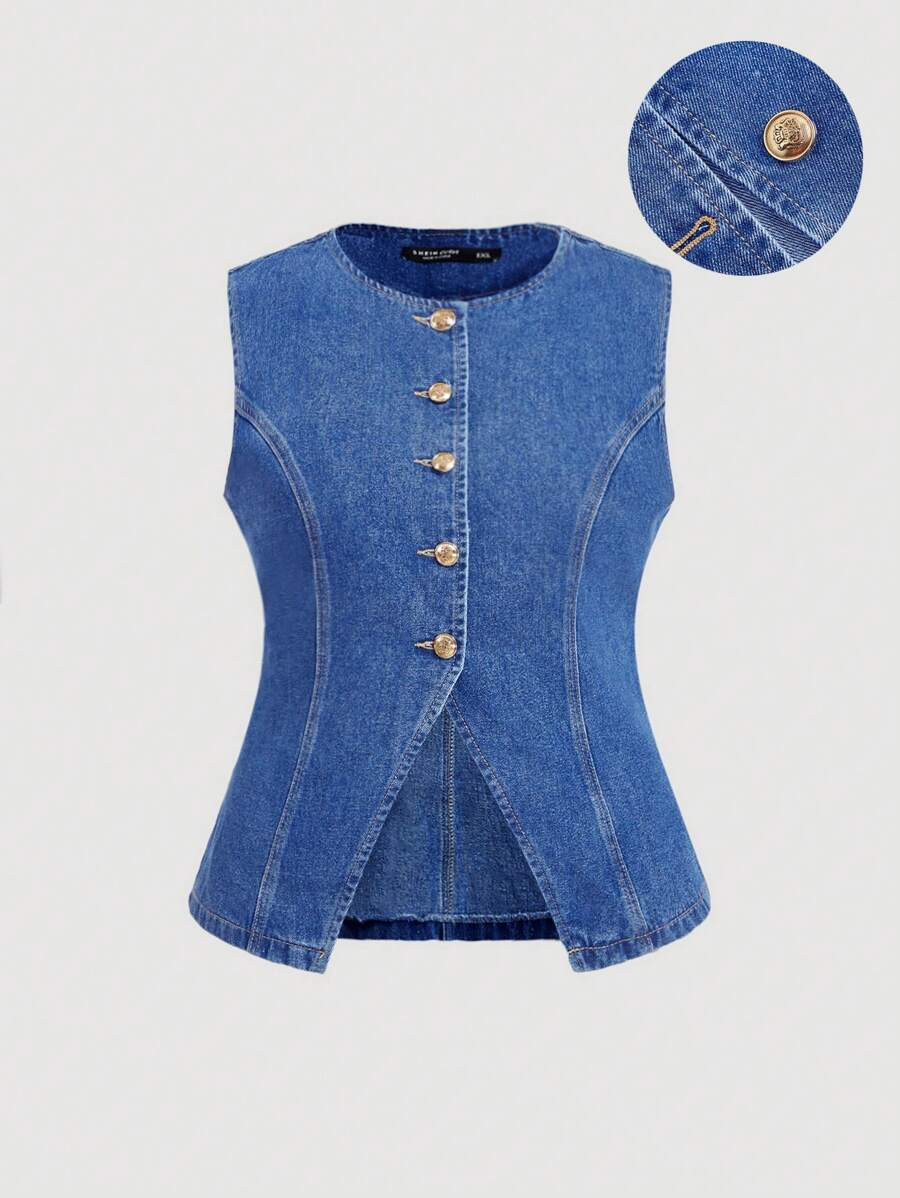 SHEIN MOD Plus Size Denim Vest, Casual Sweet Sleeveless Jacket, Blue | SHEIN