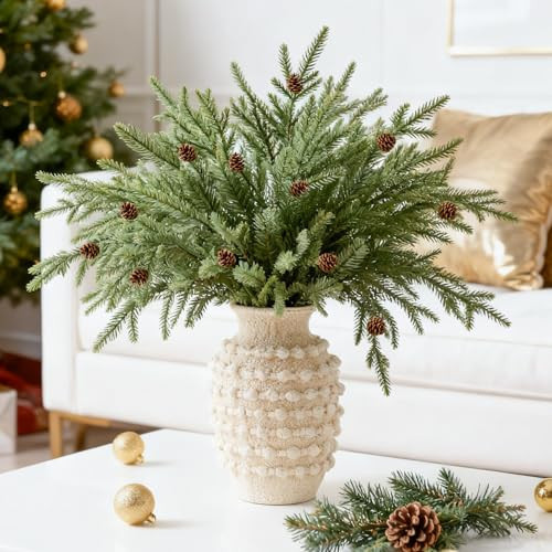 DN DECONATION Artificial Christmas Norfolk Pine Stems, Faux Pine Branches with Cones 35.4" 6PCS - Greenery Fake Pine Needles for Vase Arrangements, Winter, Holiday Indoor Outdoor Home Decor | Amazon (US)