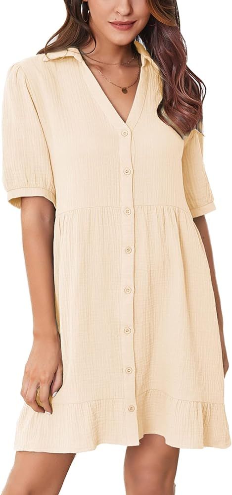 Kate Kasin Women's Summer Short Sleeve V Neck Button Down Casual Swing Short Dress | Amazon (US)