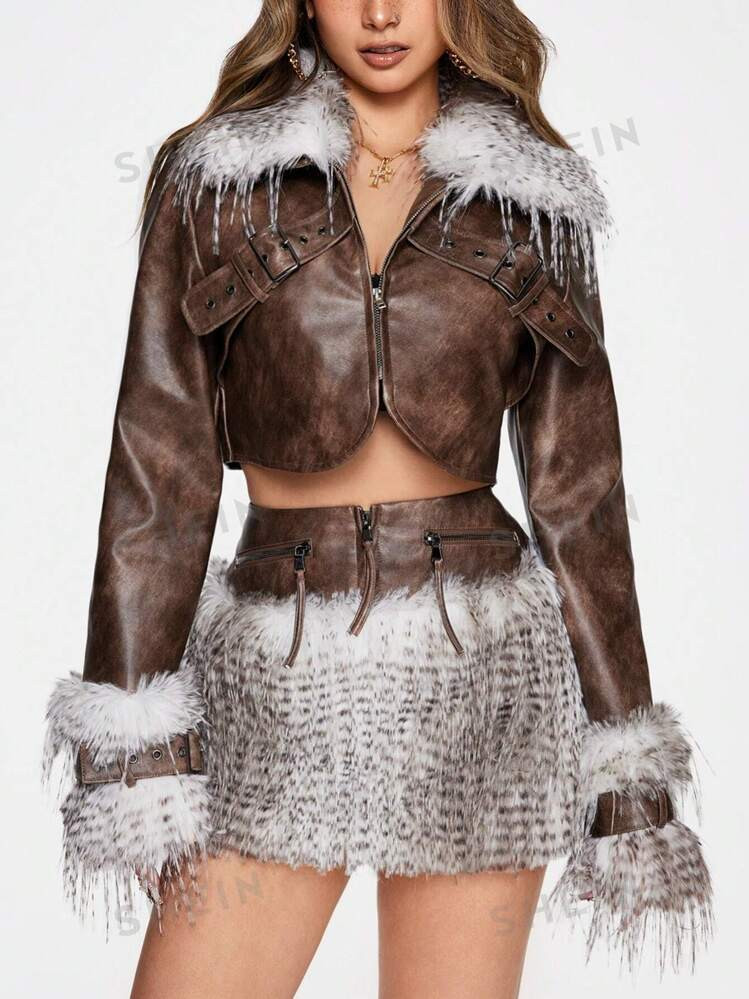ROMWE Kawaii Vintage Avant-Garde Autumn/Winter Y2K Fluffy Patchwork Super Short Jacket For Women ... | SHEIN