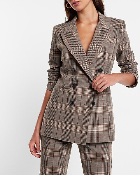 Plaid Peak Lapel Double Breasted Blazer | Express