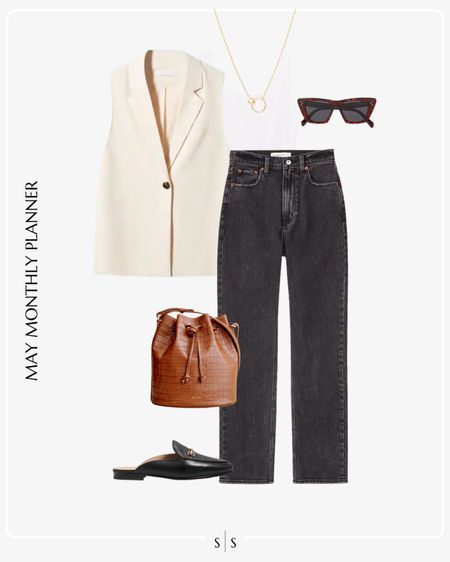 Monthly outfit planner: MAY: Spring looks | black straight jean, long vest, bucket bag, bodysuit, loafer mule 

See the entire calendar on thesarahstories.com ✨ 


#LTKstyletip