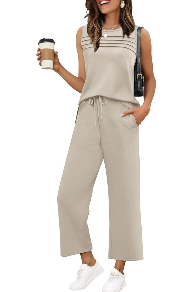 WIHOLL Two Piece Sets for Women Summer Outfits Matching Lounge Sets Wide Leg Crop Pants Vacation ... | Amazon (US)