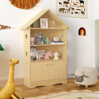 LUE BONA 45.3 in. Natural Wood 4-Shelf Kids Bookcase with Doors Dollhouse Bookcase for Kids Bedro... | The Home Depot