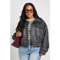 boohoo Women's Plus Faux Suede Bomber Jacket in Grey | Size: 24 | Polyurethane/Suede | boohoo (US & Canada)