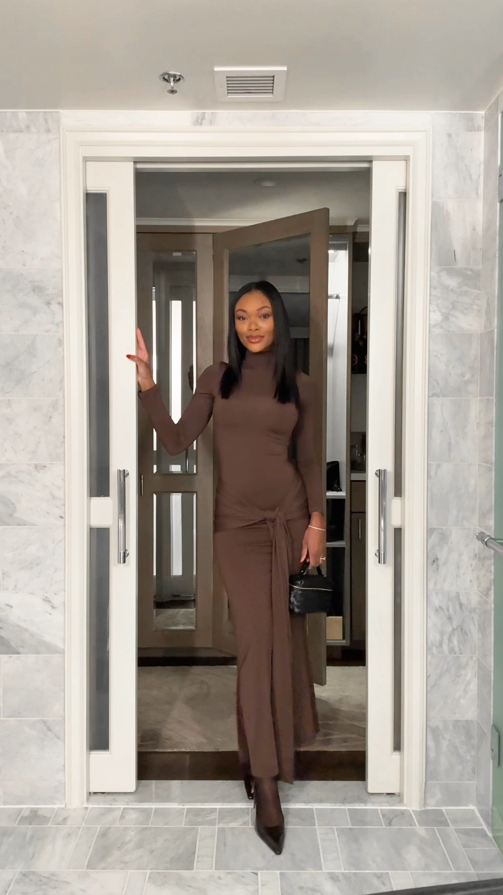 Chocolate brown date night dress! Would also make the perfect winter wedding guest dress. For reference, I’m wearing a size 4! 🤎

#LTKShoeCrush #LTKStyleTip #LTKWedding