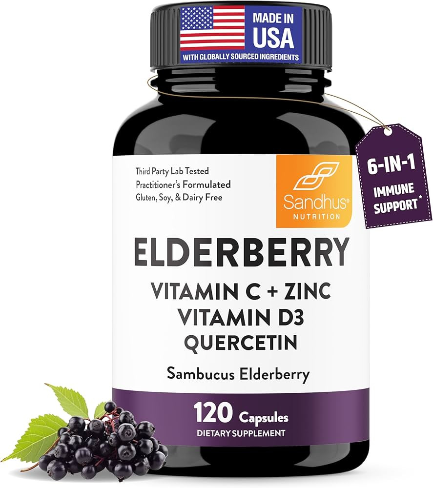 Elderberry Vitamin C and Zinc Capsules for Adults | 120 Count with Quercetin & Vitamin D3 | 6-in-... | Amazon (US)
