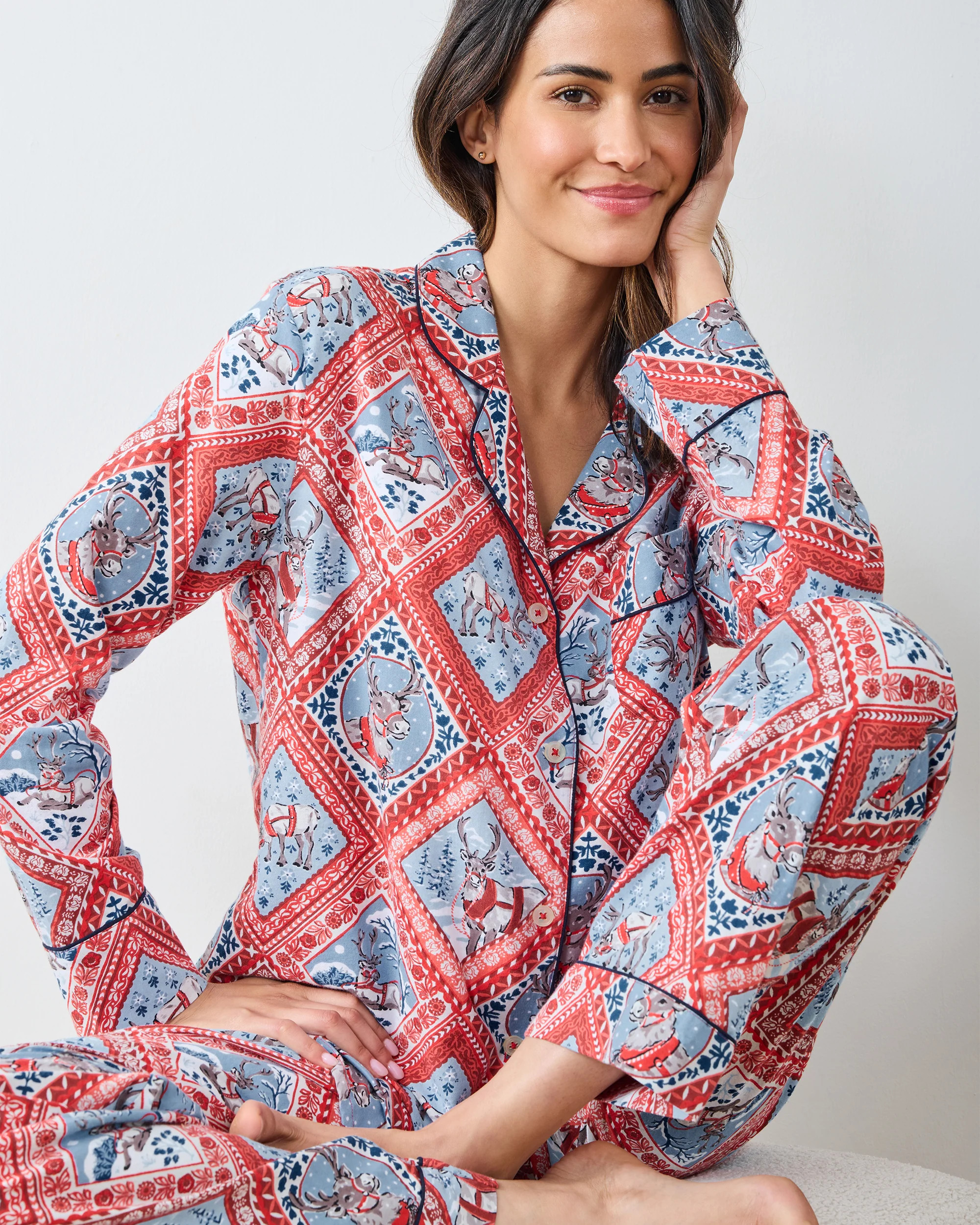 Reindeer Games - Lightweight Flannel Long PJ Set - Red Sleigh | Printfresh