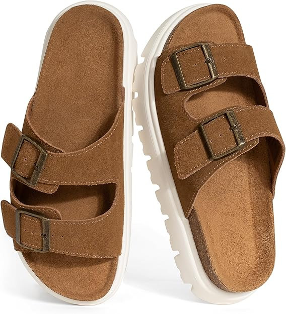 Amazon.com | Hofeny Platform Sandals for Women – Genuine Leather Chunky Wedge Slides with Cork ... | Amazon (US)