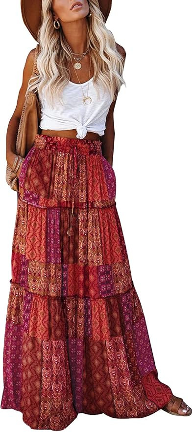 Happy Sailed Womens Floral Print Boho Maxi Skirt Elastic High Waist Pleated Ruffle Flowy Long Ski... | Amazon (US)
