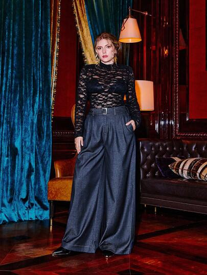 VOLUPTÉ CURVE Plus Size Women's Casual Loose Fit Wide Leg Pants With Metal Buckle, Deep Blue... | SHEIN