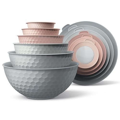 COOK WITH COLOR Mixing Bowls with Lids - 12 Piece Plastic Nesting Bowls Set includes 6 Prep Bowls and 6 Lids, Microwave Safe Mixing Bowl Set, Pink Embossed | Amazon (US)