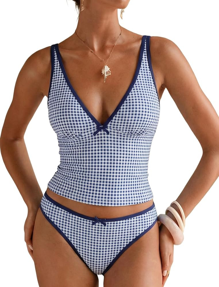 ZAFUL Tankini Swimsuits for Women V Neck Two Piece Bathing Suit Tummy Control Bowknot Color Block... | Amazon (US)