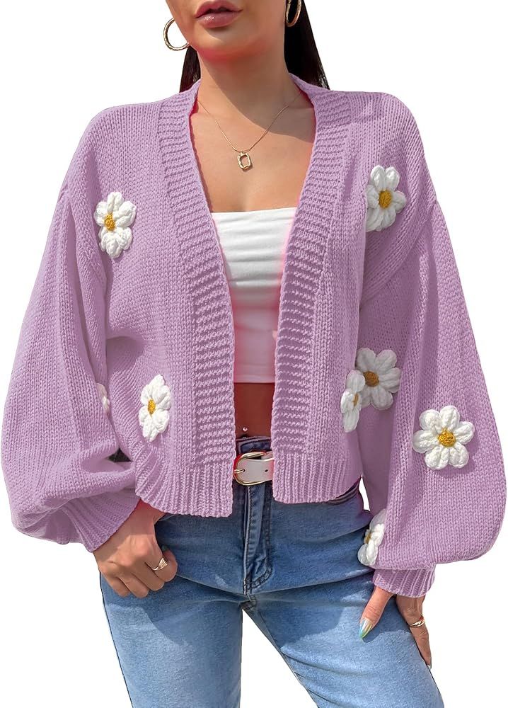 MakeMeChic Women's Floral Applique Lantern Sleeve Open Front Cropped Cardigan Sweater | Amazon (US)