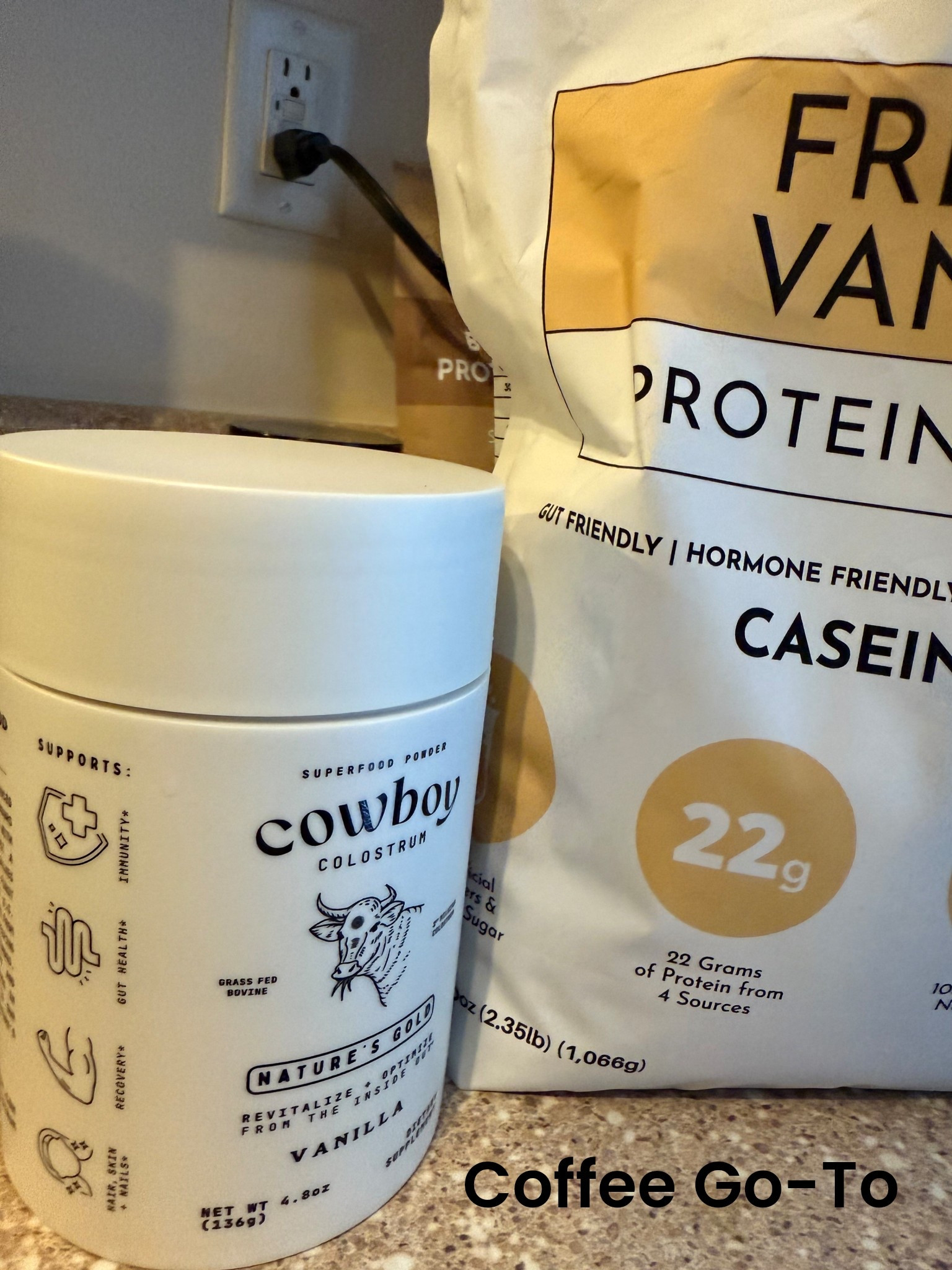Scoop of vanilla Cowboy Colostrum and 1/2 scoop of Just Ingredients French Vanilla protein - almond milk - froth - add to coffee! 

#LTKActive #LTKHome #LTKFindsUnder100