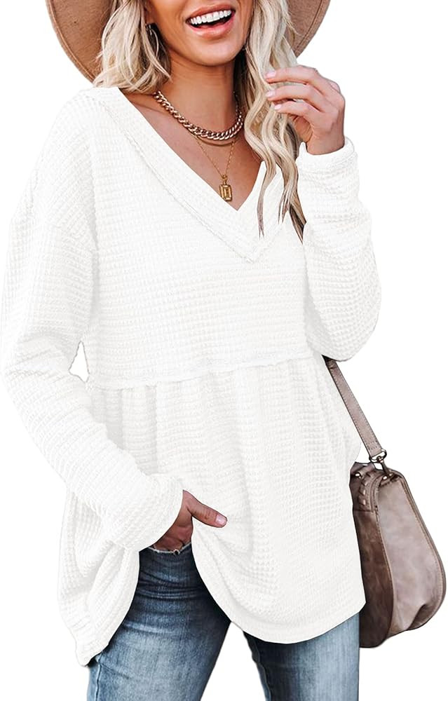 Womens V Neck Waffle Tunic Top Long Sleeve Peplum Pullover Babydoll Casual Flowy Swing Tshirts Pullo | Amazon (US)