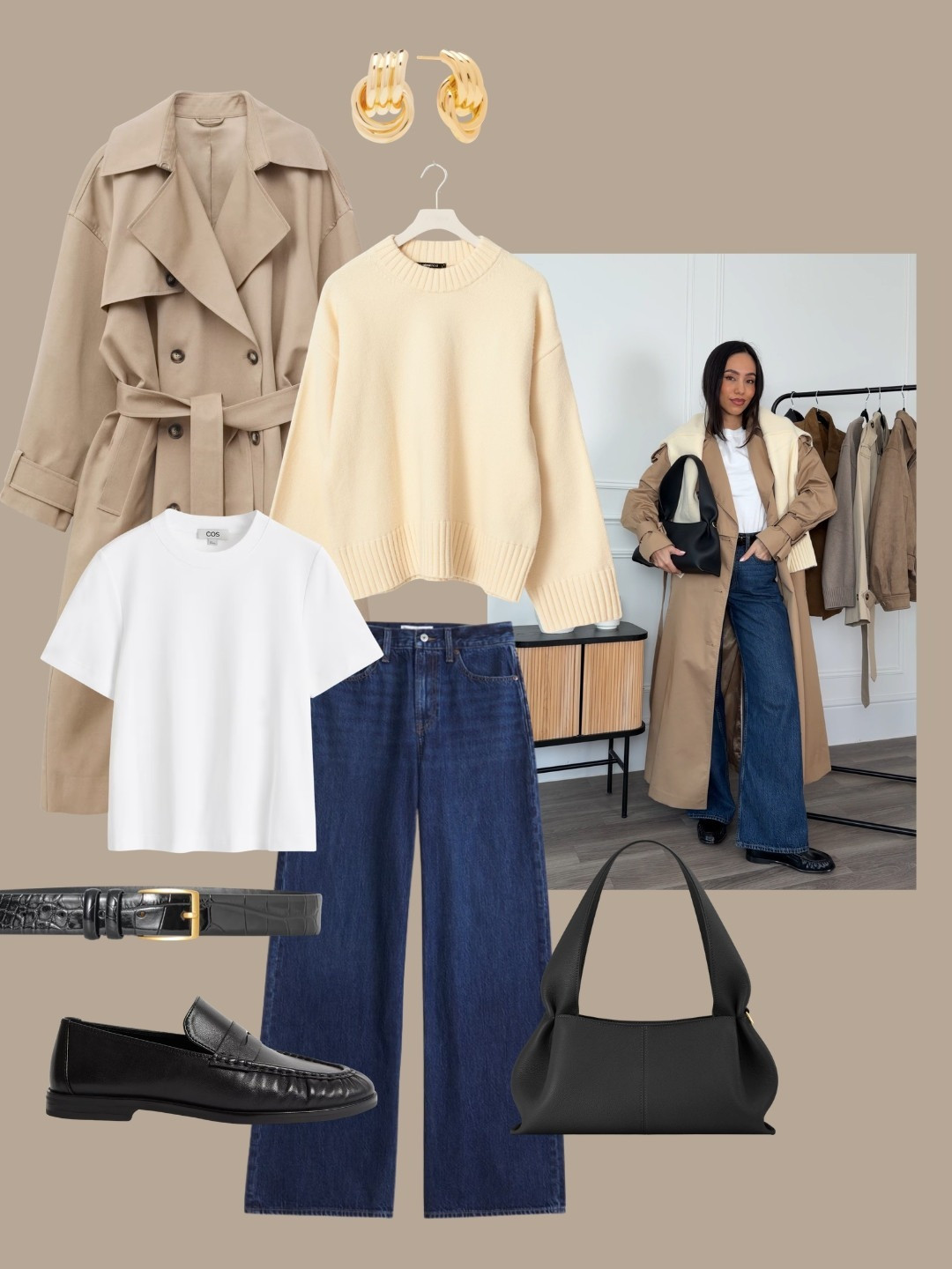 Spring outfit formulas - styling a classic trench coat with a hint of butter yellow, white tee, blue wide denim jeans, black loafers and black Polene bag 

 #LTKjeans #LTKstyletip

#LTKspring