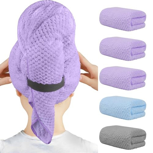 HOMEXCEL 5 Pack Microfiber Hair Towels - 40 x 20 inches Super Soft, Fast Drying Turbans for Long, Thick, Curly Hair - Anti Frizz Wrap with Elastic Strap, Purple/Blue/Grey | Amazon (US)
