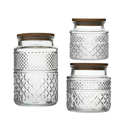 Glass Storage Jars Vintage Embossed Canisters Food Cereal Storage Containers With Bamboo Lid,Set 3-Piece Glass Jars In 60 Oz/40 Oz/20 Oz (Round) | Wayfair North America