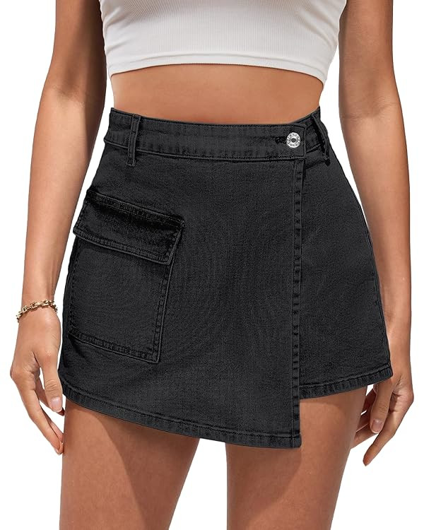luvamia Denim Skorts for Woman Cargo Faux Wrap Jean Skort Skirts Stretchy High Waisted Skirt Shor... | Amazon (US)